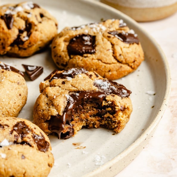 healthy peanut butter cookies with chocolate chunks on a plate