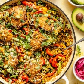one pan fajita chicken and rice in a skillet