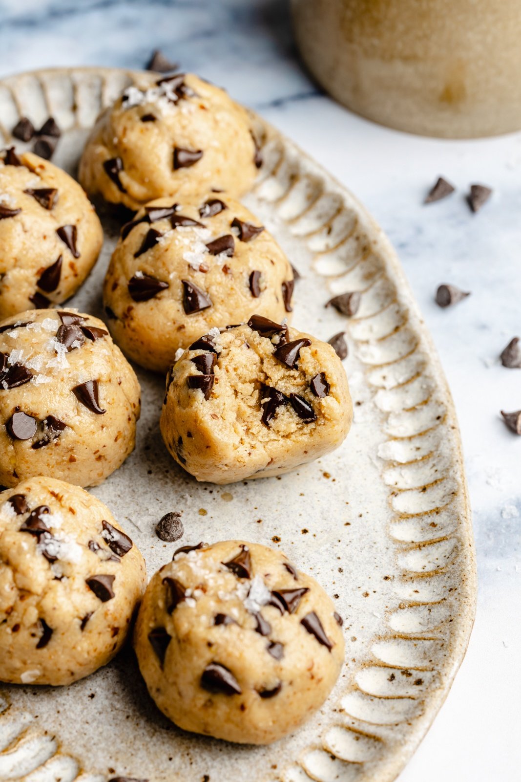 no bake protein cookie dough bites on a tray