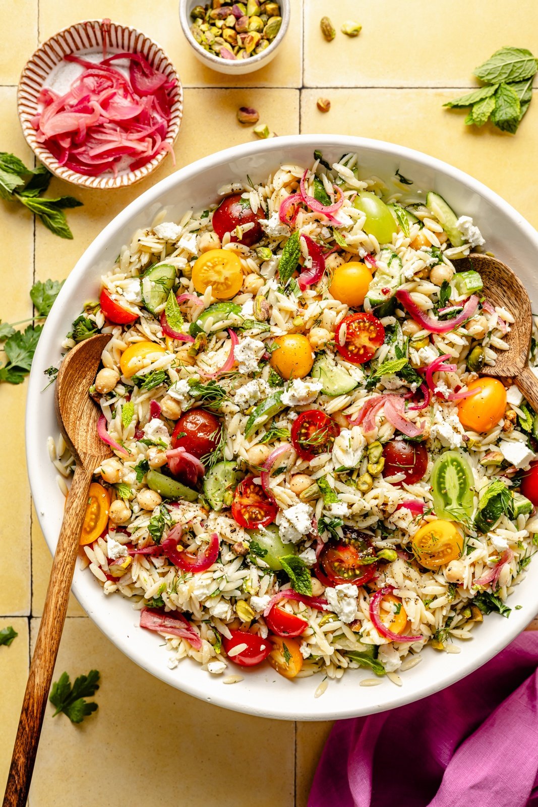 herby chickpea feta pasta salad in a bowl