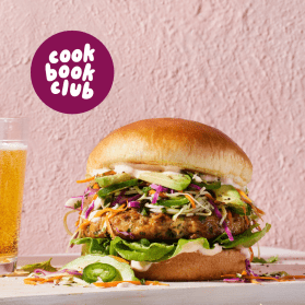 chile lime chicken burgers with a cookbook club logo over the top